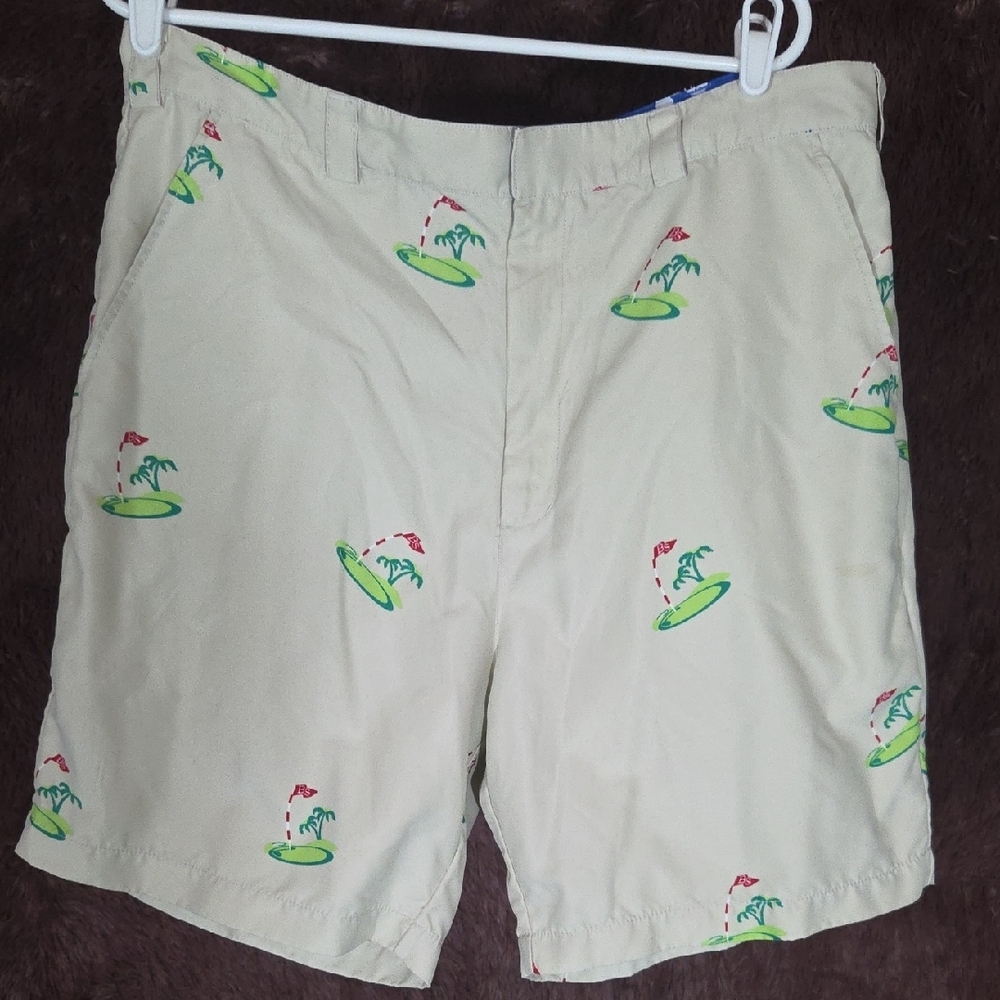 Bermuda Style Beige Shorts with Palm Tree Print
